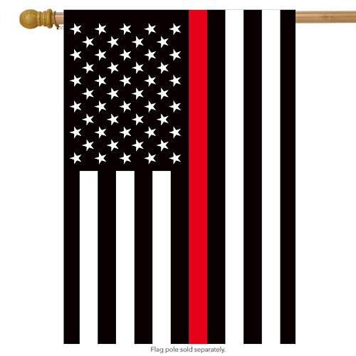 Briarwood Lane Thin Red Line Premium House Flag with firefighter patriotic design, 28 by 40 inches, printed on weather-resistant polyester for outdoor display.