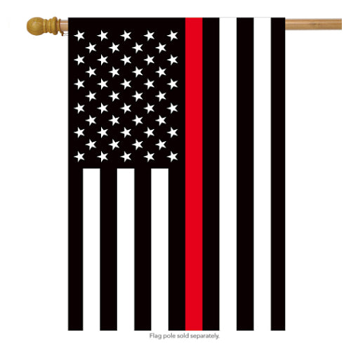 Briarwood Lane Thin Red Line Premium House Flag with firefighter patriotic design, 28 by 40 inches, printed on weather-resistant polyester for outdoor display.