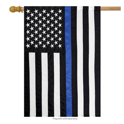 Thin Blue Line Police Support Flag featuring a black-and-white American flag design with a single blue stripe, symbolizing support for law enforcement.