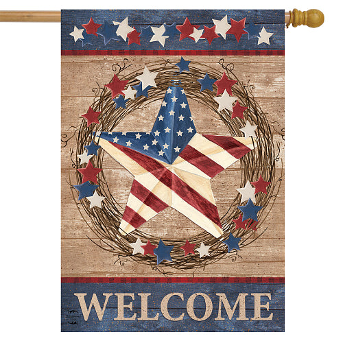 Decorative, primitive style flag with American flag design, stars, and the word 'WELCOME' on a wooden background.