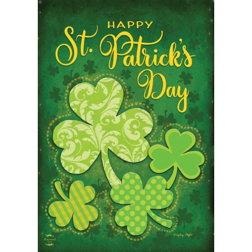 St. Patrick's Day card with shamrocks and 'Happy St. Patrick's Day' text on a green background.