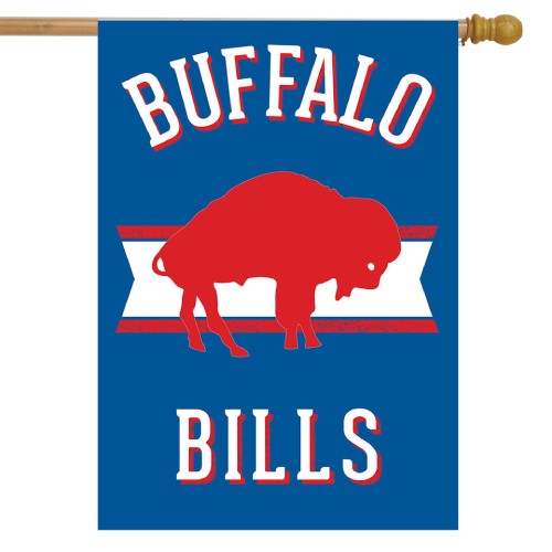 Buffalo Bills flag with red silhouette of a bison on a blue background