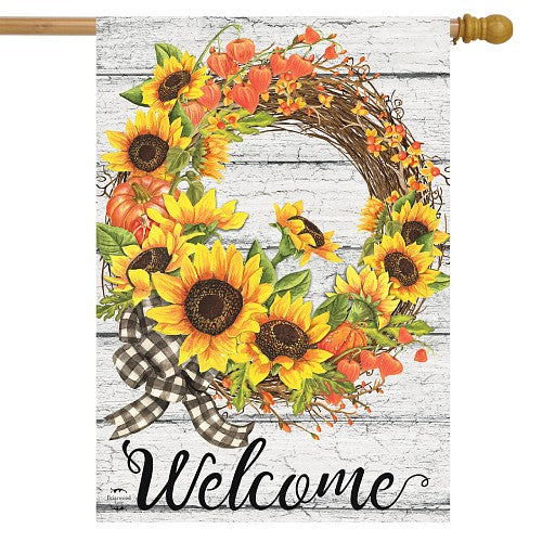 SUNFLOWER FALL WRATH Standard Size, Fall Welcome Flag - 28" x 40" - Wind Sensations