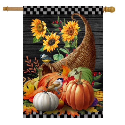 Horn of Plenty Thanksgiving cornucopia house flag with sunflowers and pumpkins