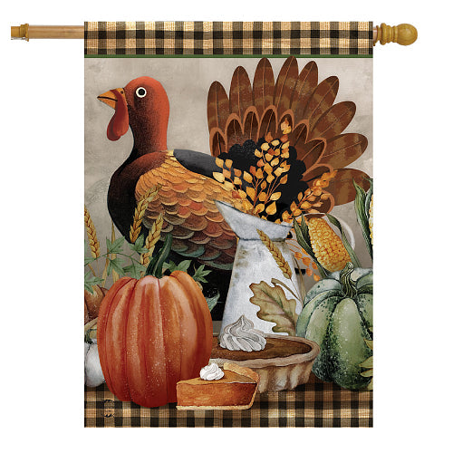 Primitive Thanksgiving turkey house flag with plaid checkered border