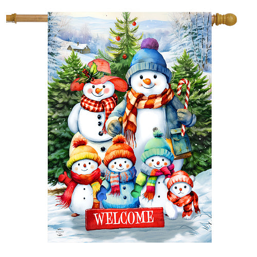 Snow Family winter snowman house flag with WELCOME banner and pine trees