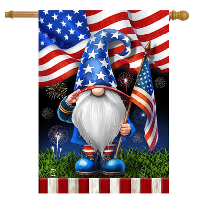 Decorative flag with a gnome holding an American flag and fireworks, featuring the American flag in the background.