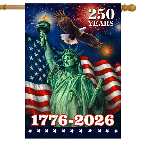 Flag with Statue of Liberty, American flag, and eagle celebrating 250 years from 1776 to 2026.