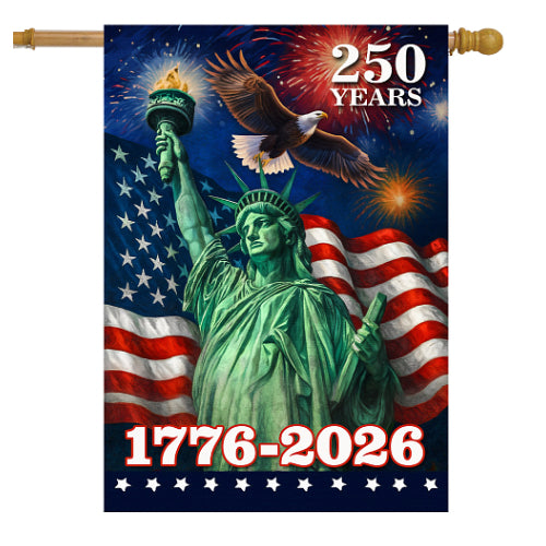 Flag with Statue of Liberty, American flag, and a soaring eagle celebrating 250 years from 1776 to 2026.
