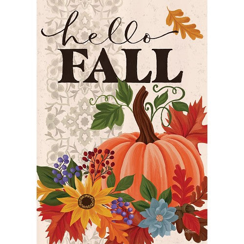Decorative flag with 'hello FALL' text, pumpkins, and autumn leaves on a patterned background.