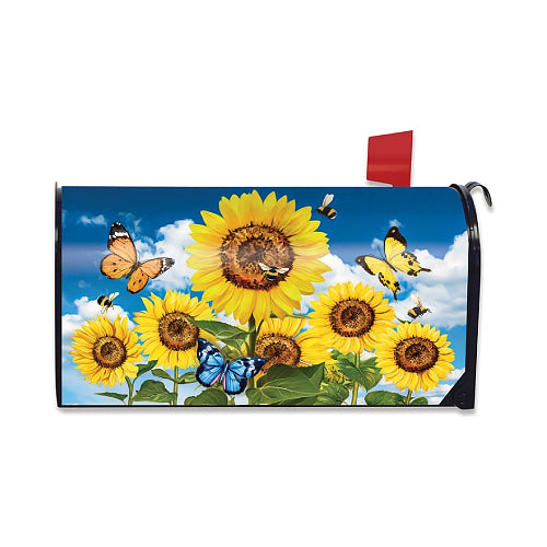 Mailbox cover with sunflowers and butterflies design on a blue sky background