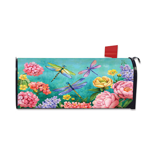 Mailbox cover with dragonflies and flowers on a blue background