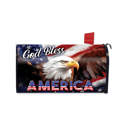 Mailbox cover with American flag and bald eagle design, featuring 'God Bless America' text.