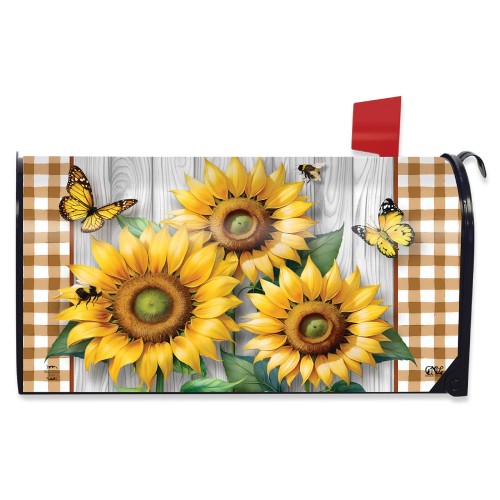 Large mailbox cover with sunflowers and butterflies on a wooden and checkered background