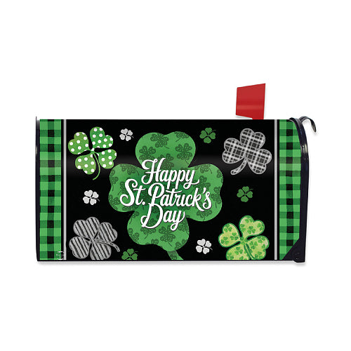 St. Patrick's Day mailbox cover with shamrocks and plaid patterns on a black background.