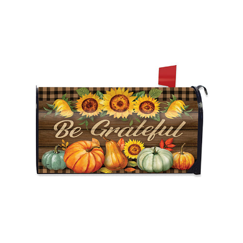 Be Grateful fall mailbox cover with sunflowers, pumpkins, and plaid background