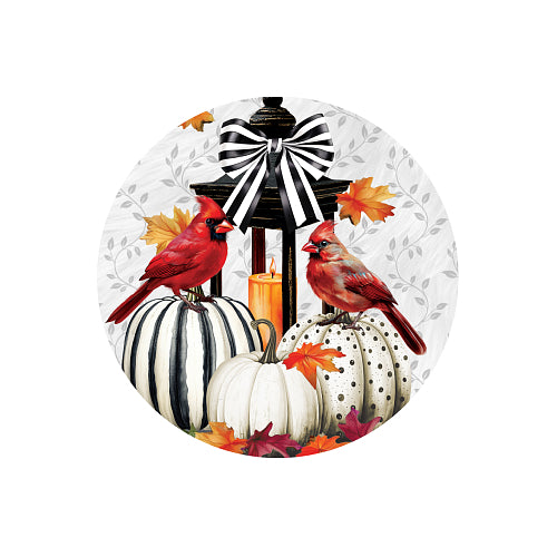 Cardinal's Lantern 8 inch translucent fall suncatcher, showing two red cardinals on striped pumpkins by a lantern