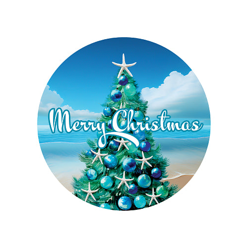 Beach Tree round translucent suncatcher with Christmas tree and Merry Christmas