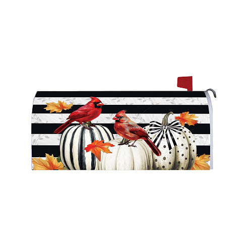 Cardinal's Lantern magnetic fall mailbox cover, showing two red cardinals on striped pumpkins on a mailbox