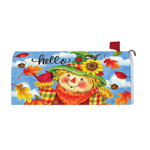 HELLO SCARECROW Oversized Mailbox Cover - large magnetic cover with cheerful scarecrow design by Custom Decor