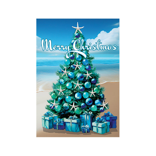 Beach Tree 12 x 18 garden flag with Christmas tree and Merry Christmas on beach