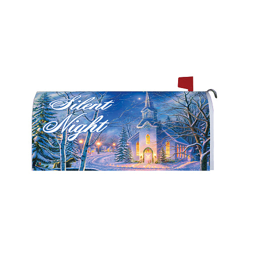 Winter Church standard mailbox cover with Silent Night and glowing church
