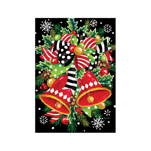 Christmas Bells Christmas garden flag 12x18, showing red checkered bells with striped bows and holly on black