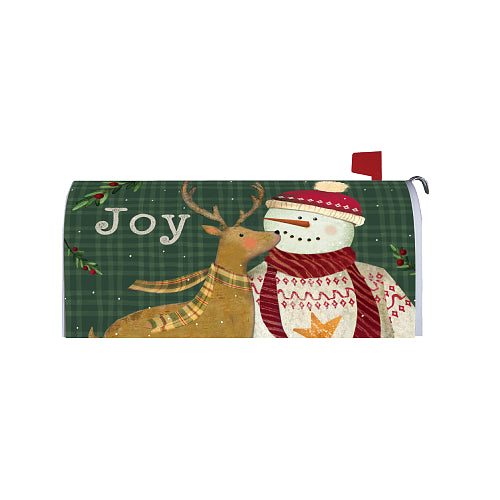 Snowman Deer standard mailbox cover with snowman, deer, and Joy on green plaid