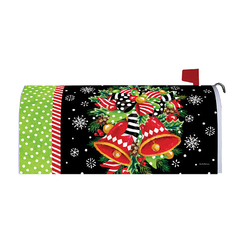 Christmas Bells oversized magnetic Christmas mailbox cover, showing red checkered bells and holly on a black mailbox