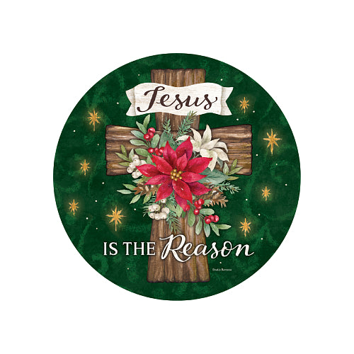 Poinsettia Cross round translucent suncatcher with cross and Jesus Is the Reason
