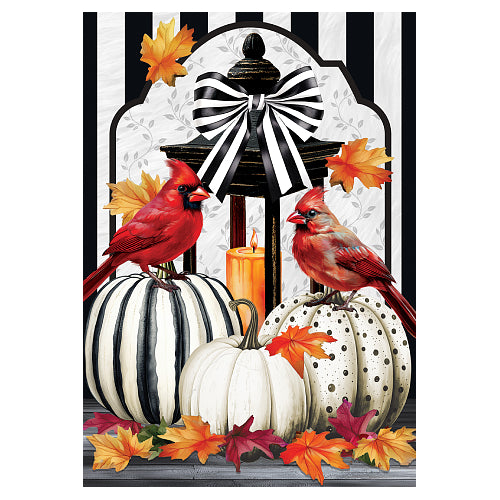 Cardinal's Lantern fall house flag 28x40, showing two red cardinals on striped pumpkins beside a black lantern