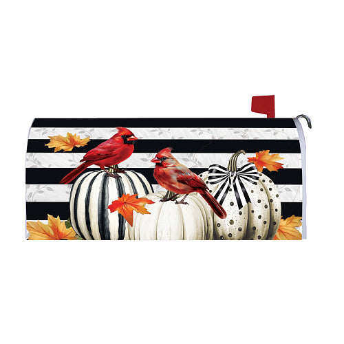 Cardinal's Lantern oversized magnetic fall mailbox cover, showing two red cardinals on striped pumpkins on a mailbox