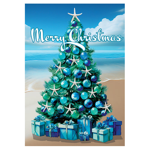 Beach Tree standard house flag 28 x 40 with decorated Christmas tree on beach