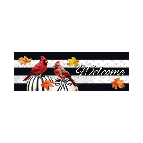 Cardinal's Lantern Signature Sign yard sign, showing two red cardinals on striped pumpkins and a Welcome script
