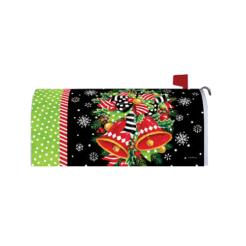 Christmas Bells magnetic Christmas mailbox cover, showing red checkered bells and holly on a black mailbox