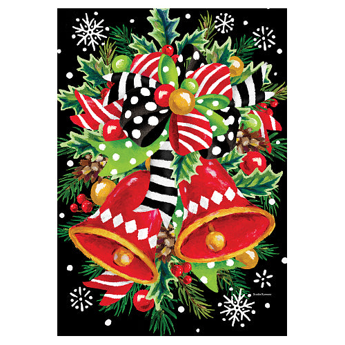 Christmas Bells Christmas house flag 28x40, showing red checkered bells with striped bows and holly on black